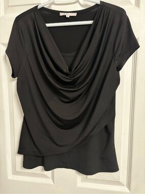 Dressy Black Drape Neck Short Sleeve Women's Top
